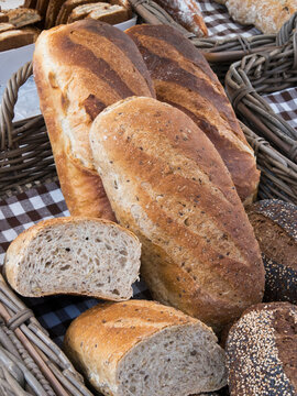 A variety of breads in baskets at a market in the town of Alkmaar.
