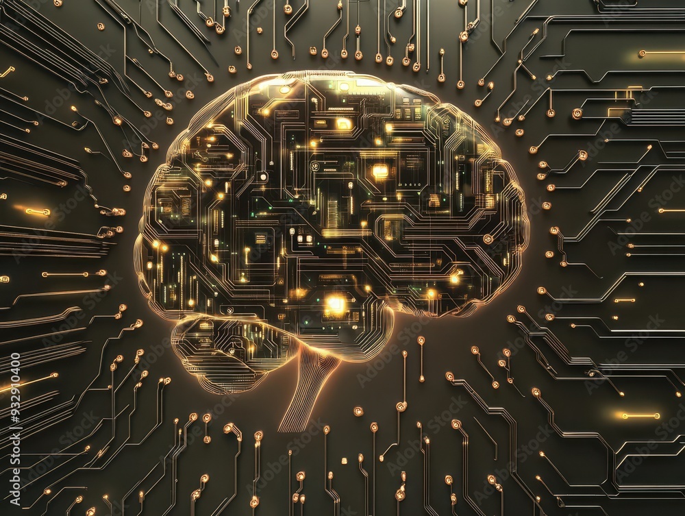 Poster futuristic brain illustration with circuit patterns and glowing lights, symbolizing technology and a