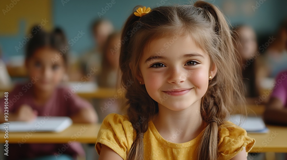 Poster talented small girl asking teacher a question in class portrait of a happy elementary school student