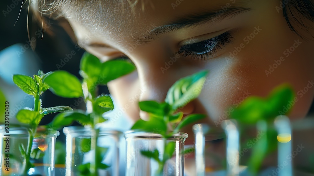 Aufkleber Learning students and children in classroom for microscope teacher and science for experiment of plants Container sample and observation of nature growth and development of kids with e : Generative AI