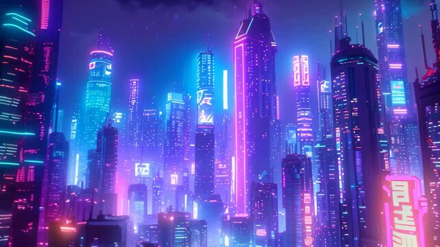 Futuristic Neon Cityscape Illuminated by Vibrant Luminous Signs at Night, A city skyline transformed by the glow of neon lights and digital billboards, creating a futuristic and dazzling scene