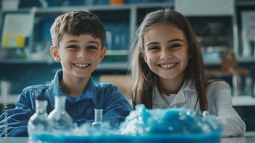 Poster science teacher and students in classroom with slime for experiment education and happy kid chemistr