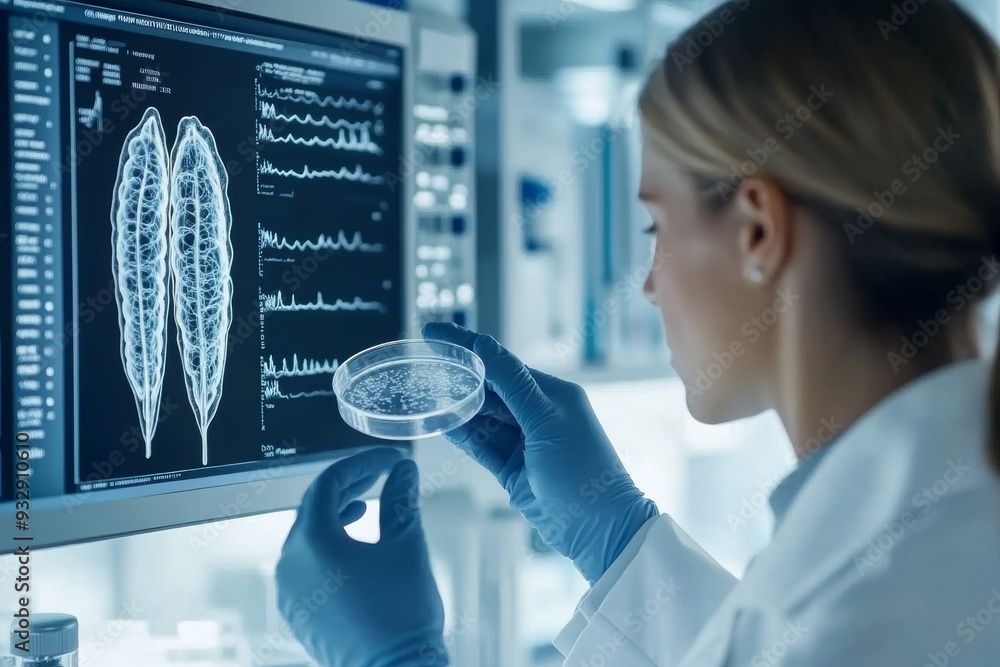Aufkleber female scientist analyzing digital data on high tech screen while holding a petri dish illustrating 
