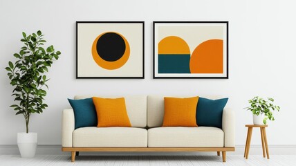 Three abstract art prints with colorful geometric shapes in wooden frames on a white wall