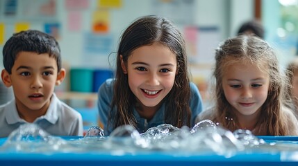 Primary School Children Learning Basic Information About Water Cycles Geography Teacher Educating Smart Diverse Kids in a Modern Colorful Classroom Schoolchildren Understanding Weather : Generative AI