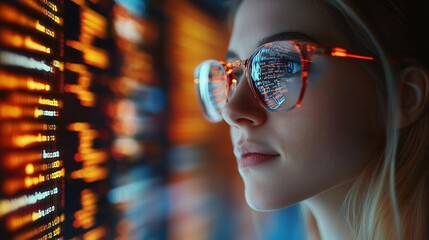 Software coding hologram and woman in data analytics information technology and gdpr overlay Programmer or IT person in glasses reading script programming and cybersecurity research on : Generative AI