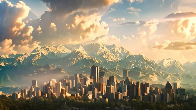 Salt Lake City, Utah, with a panoramic view of the Wasatch Mountains in the background A city skyline with a prominent mountain range in the background, highlighting the city's natural surroundings