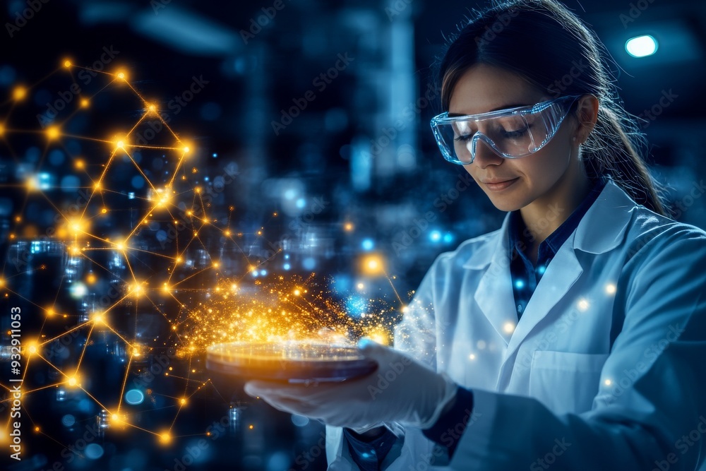 Poster female scientist in a high tech laboratory studying a holographic digital network symbolizing advanc