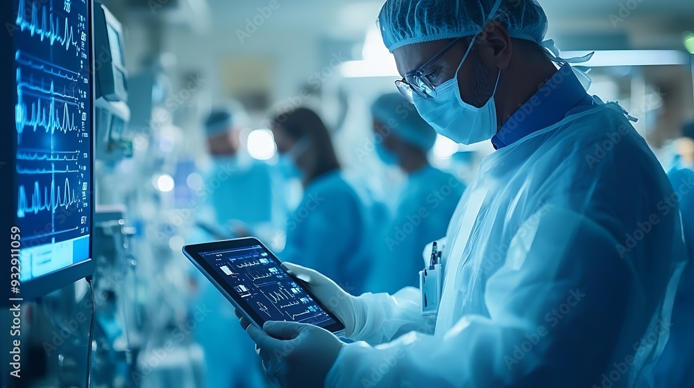 Aufkleber Planning tablet and teamwork in a hospital with a mature manager with healthcare workers with tech Clinic cardiology research and digital report with conversation and collaboration wit : Generative AI