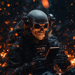 A skeleton in a black spacesuit and helmet holding an iPhone, with fire particles in the background, a dark atmosphere, and orange lights, in the style of cyberpunk
