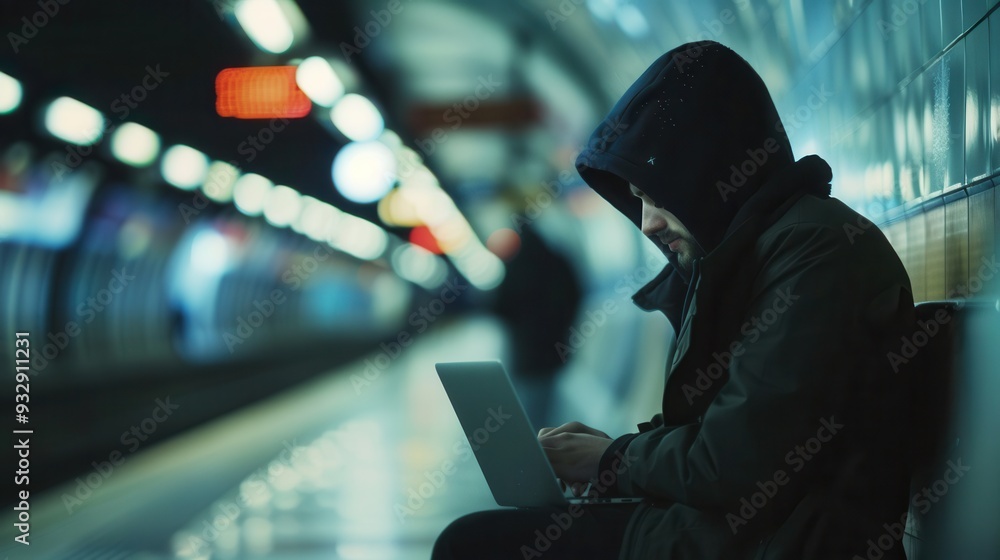 Poster a person in a hooded jacket quietly types on a laptop in a bustling metro station, illustrating pote