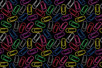 3d paper clips seamless pattern. Colorful bright clips seamless background. Colored paperclip black background. Business or education background. Diversity and creativity concept.