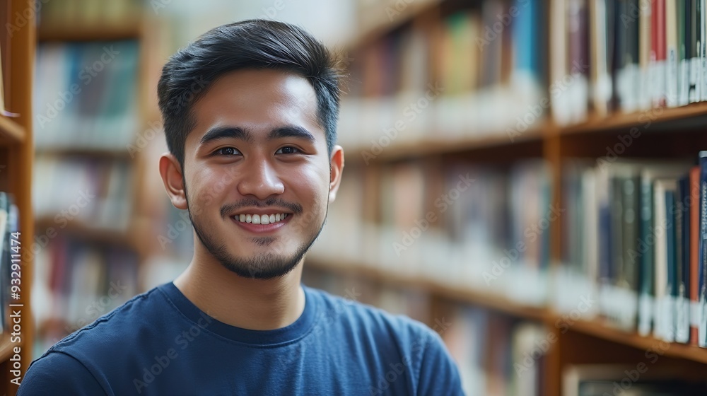 Poster Student man and happy with portrait in library for writing scholarship and studying for exam knowledge Gen z person and smile for learning education and research notes for university a : Generative AI