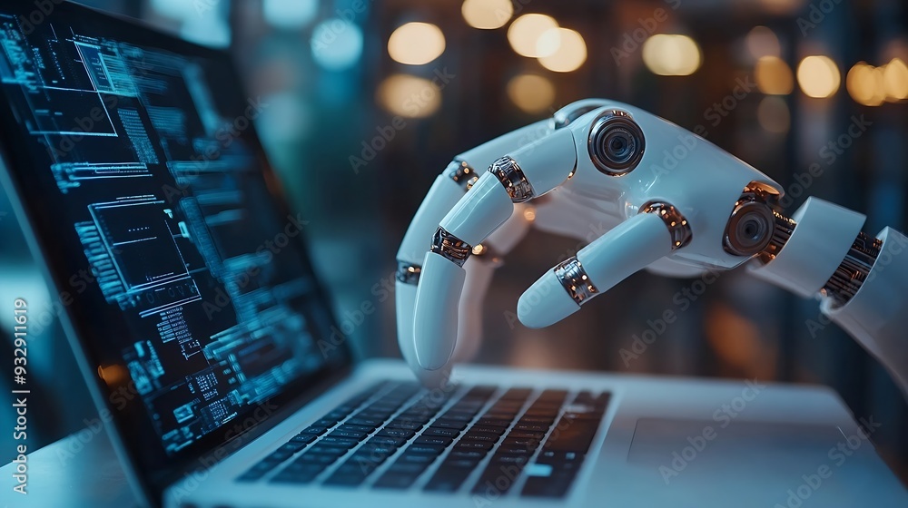 Poster AI technology Artificial Intelligence concept Businessman using the laptop AI Application technology management personal Business data education Banking Futuristic technology transform : Generative AI