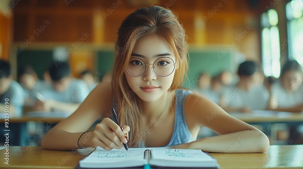 Aufkleber woman students and writing with test in classroom for exam study or assignment at university female 