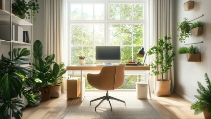 Home office with desk, chair, plants, and window.
