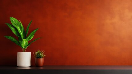 Fototapeta premium Minimalist still life with green plants and a terracotta wall background.