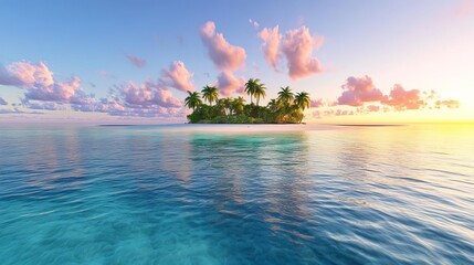 Crystal-clear waters surrounding a tropical island with a vibrant sunset sky, Tropical island crystal waters, Sunset serenity