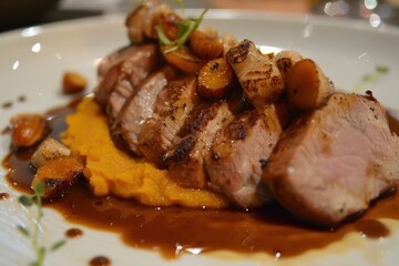Roasted pork with chestnut sauce and pumpkin puree