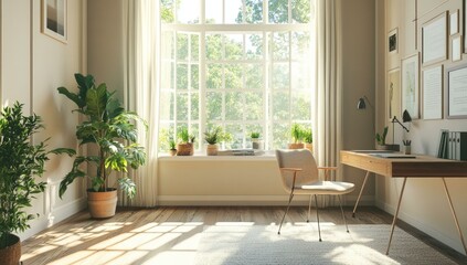 Sunny living room with plants and desk.