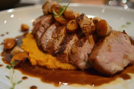 Roasted pork with chestnut sauce and pumpkin puree