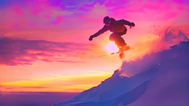 A snowboarder jumps off a mountain peak, their silhouette framed against a spectacular sunset A colorful sunset casting a warm glow on a snowboarder catching air off a jump