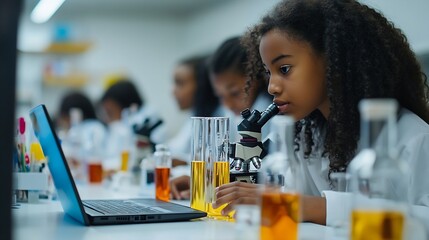 Students learning in science classroom Focused young students experiment with chemicals using flasks and test tubes with microscope and laptop on clean white desk in classroom : Generative AI