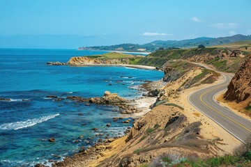Rocky shore and road overlooking sandy beach and azure sea