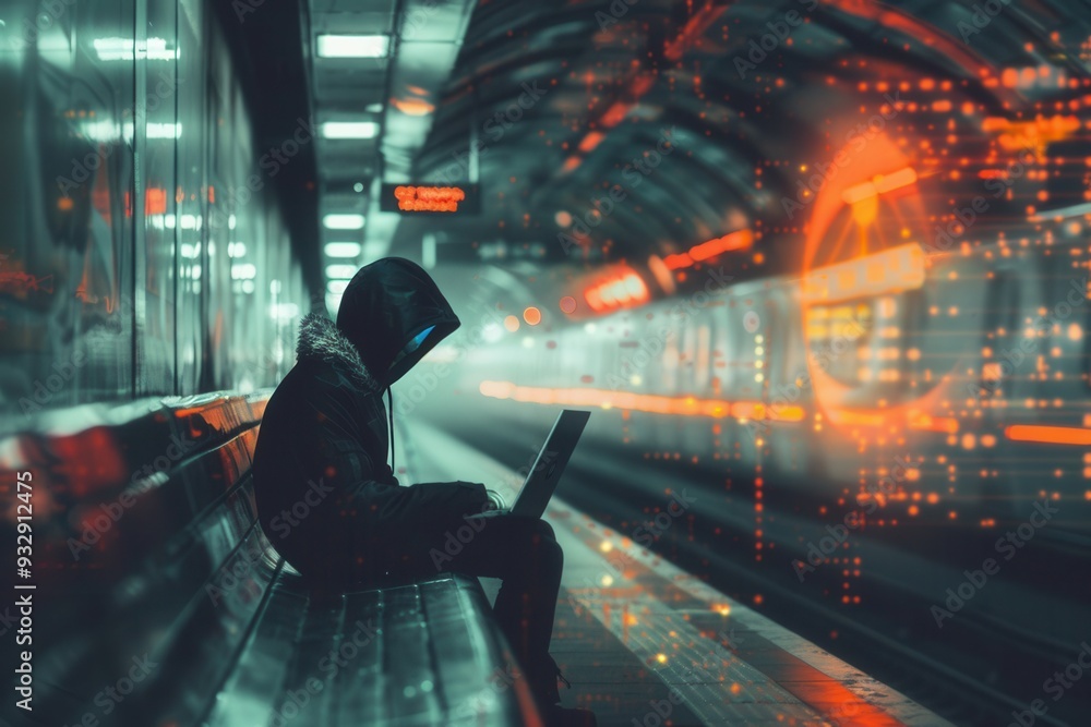 Leinwandbilder A person in a hoodie types on a laptop, sitting on a bench in a crowded metro station, highlighting the dangers of using public Wi-Fi networks. Generative AI