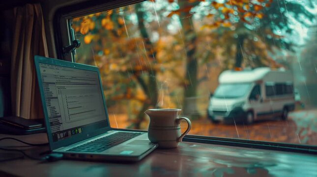 A cozy scene inside a campervan with a laptop and a warm cup of coffee by the window overlooking a scenic view
 Seamless looping 4k time-lapse virtual video animation Generated AI