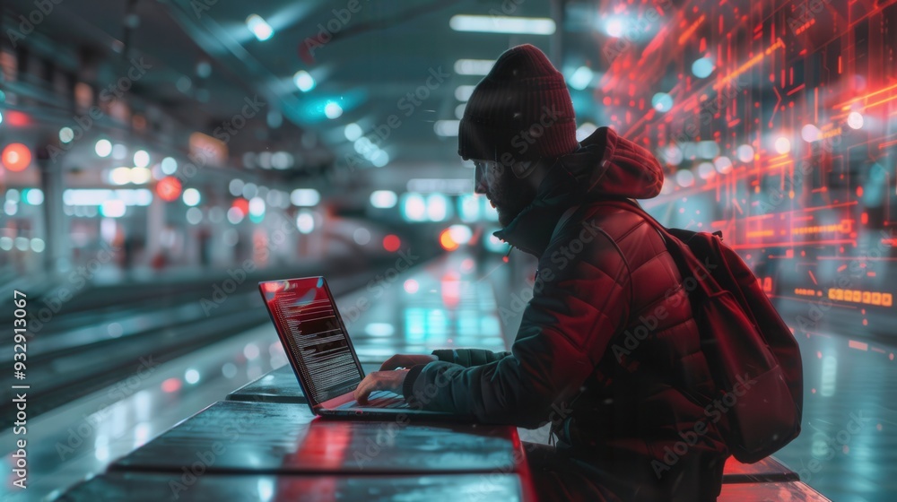 Poster a hacker types on a laptop in a metro station, emphasizing the dangers of using public wi-fi network