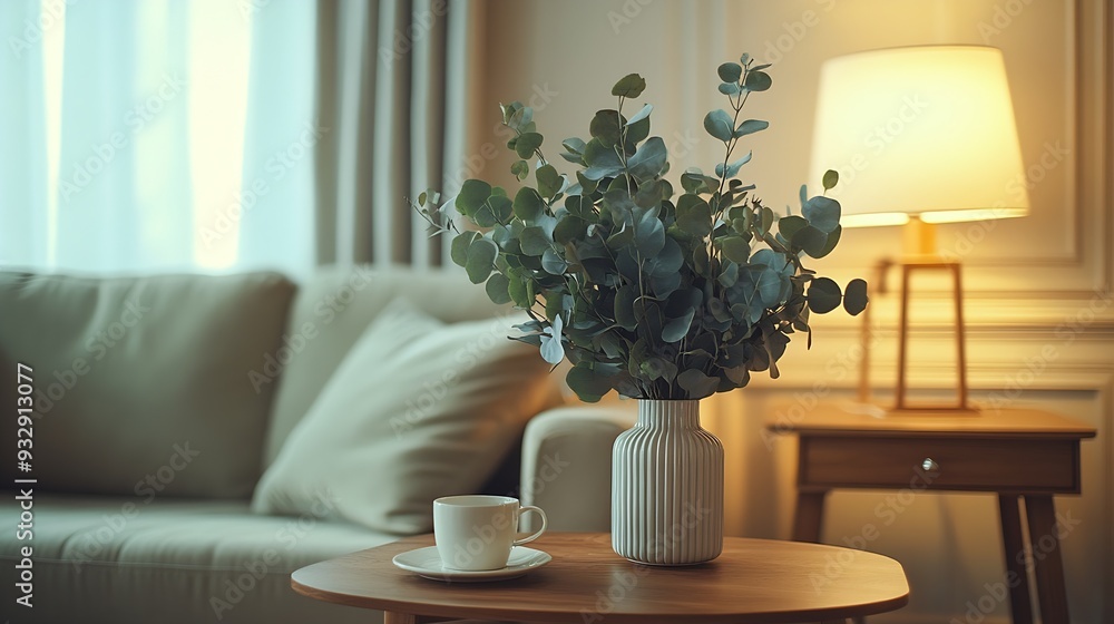 Poster Vertical shot of soft modular couch floor standing lamp side table green eucalyptus in vase and coffee cup in living room Aesthetic composition of classic interior at cozy house : Generative AI
