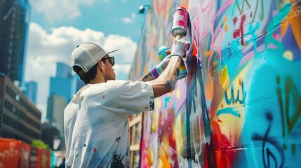 Graffiti Artist Spray Painting Wall in City.