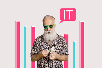 Composite trend collage of monochrome aged man trader hand hold money roll count wealth rich...