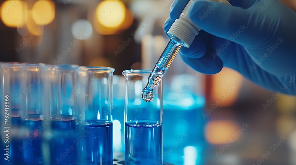 Leinwandbilder closeup hands dropping fluid from dropper flask beaker into blue test tube sample laboratory for com