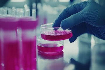 Gloved hand transferring pink liquid into a Petri dish illustrating the precision technique and careful handling required in microbiological research and scientific experimentation