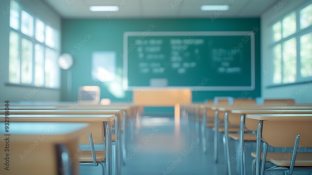 Poster blur background of interior design of empty classroom with blackboard empty classroom with desk chai