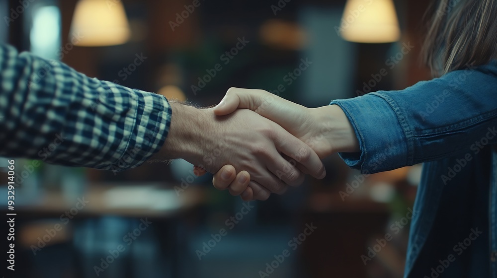 Poster team handshake and office with deal of creative staff with success and partnership planning manageme