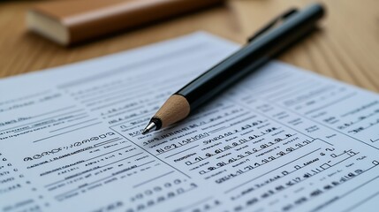 Obraz premium Answer exam sheet form on a table top view Education background : Generative AI