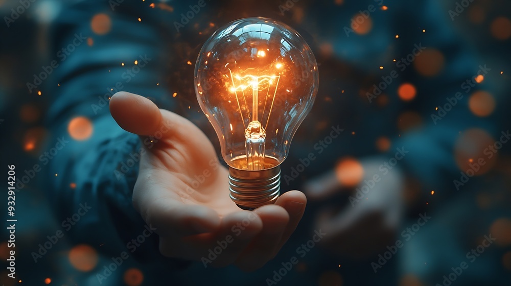 Poster online education course or elearning technology conceptman holding light bulb on virtual screen trai