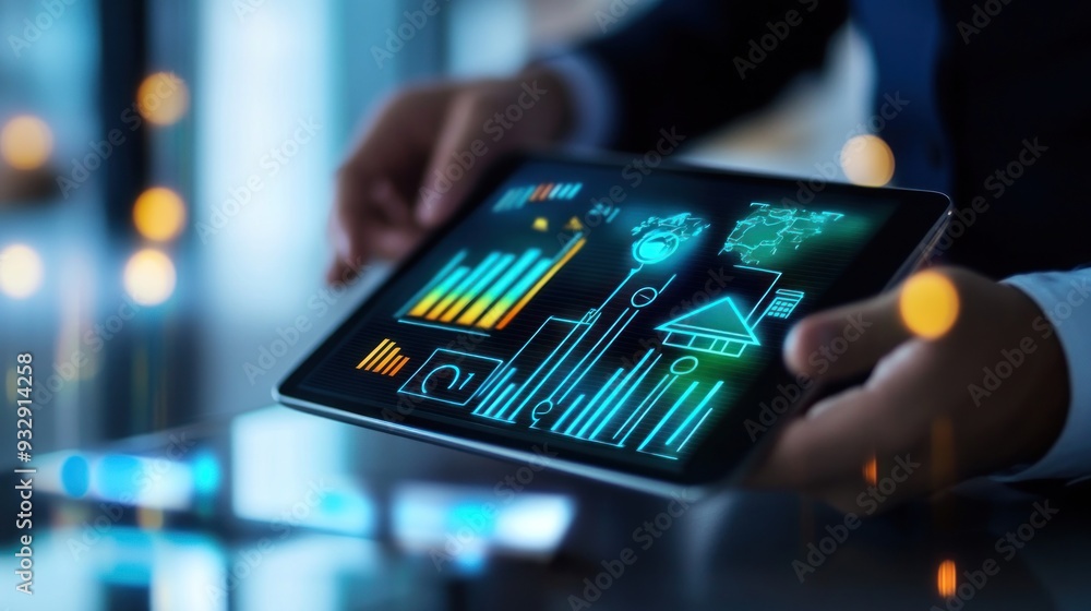 Aufkleber energy efficiency concept. businessman use tablet with virtual screen of energy efficiency rating fo