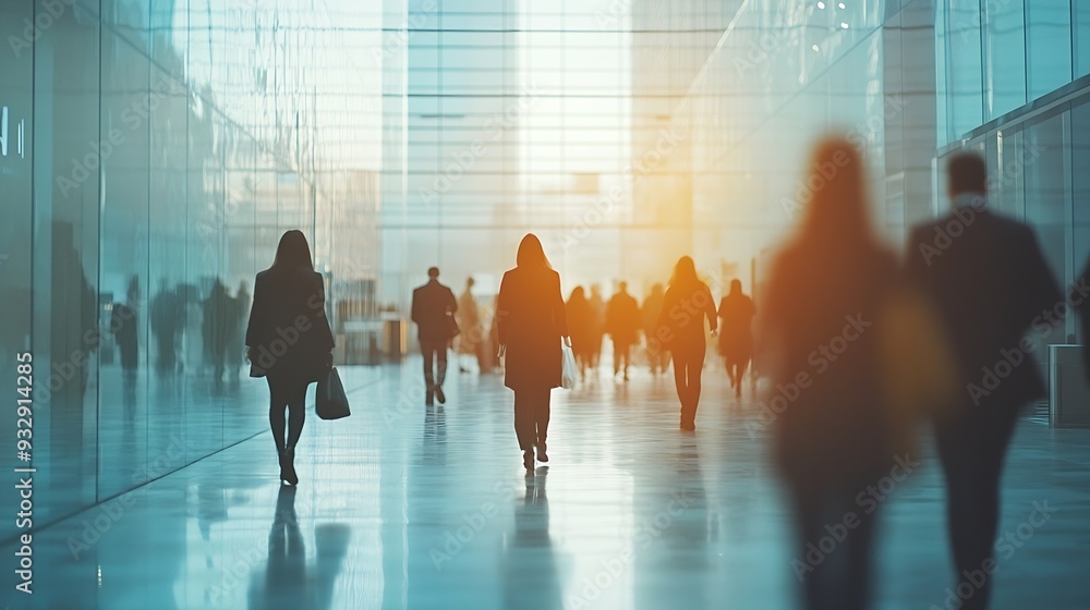 Aufkleber business people walking in the corridor of an business center pronounced motion blur crowded bright modern light office movement defocused office background busy talking and rushing in : Generative AI