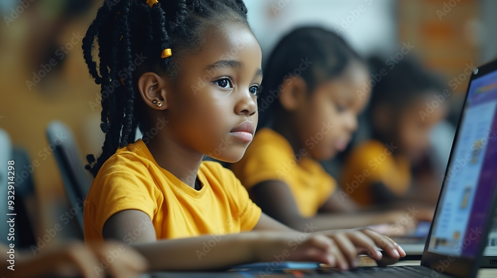 Aufkleber Group of TechSavvy Primary School Children Working on Their Laptop and Tablet Computers in Class Young Female Teacher Educating Kids on Internet Safety Basic Programming Languages and  : Generative AI