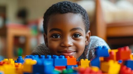 Children portrait and playing with building blocks in home for growth child development and learning for motor skills African kids happy and toy puzzle in education skill and cognitive : Generative AI