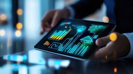 Energy efficiency concept. Businessman use tablet with virtual screen of energy efficiency rating for energy efficient house building rate label audit .