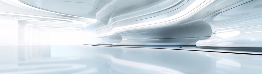 A futuristic 3D setting with clean lines and reflective surfaces offers a modern backdrop for displaying products, with generous copy space for additional information and graphics.