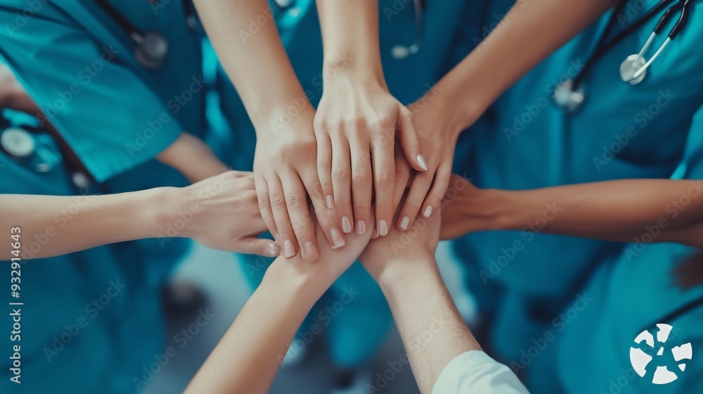 Poster Top view teamwork or hands of doctors in stack with mission in collaboration for healthcare support Hospital clinic people or group of medical nurses with solidarity motivation or comm : Generative AI