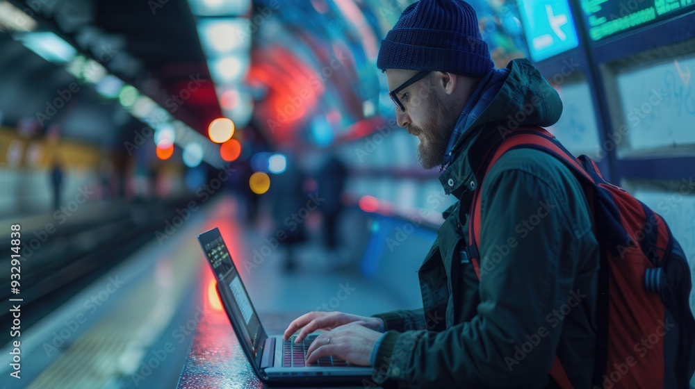 Leinwandbilder A person in a winter hat works intently on a laptop in a busy metro station, surrounded by the hustle of daily commuters and colorful lights. Generative AI