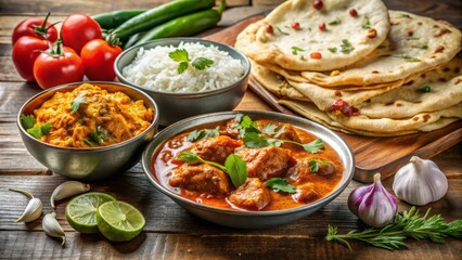 morning serenity butter chicken basmati rice steaming hot naan garlic naan onions bell peppers mint chutney cucumber raita warm sunshine peaceful ambiance