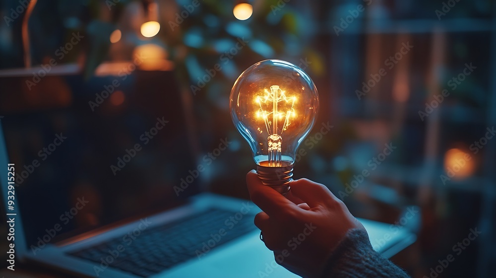Poster online education course or elearning technology conceptman holding light bulb on virtual screen trai